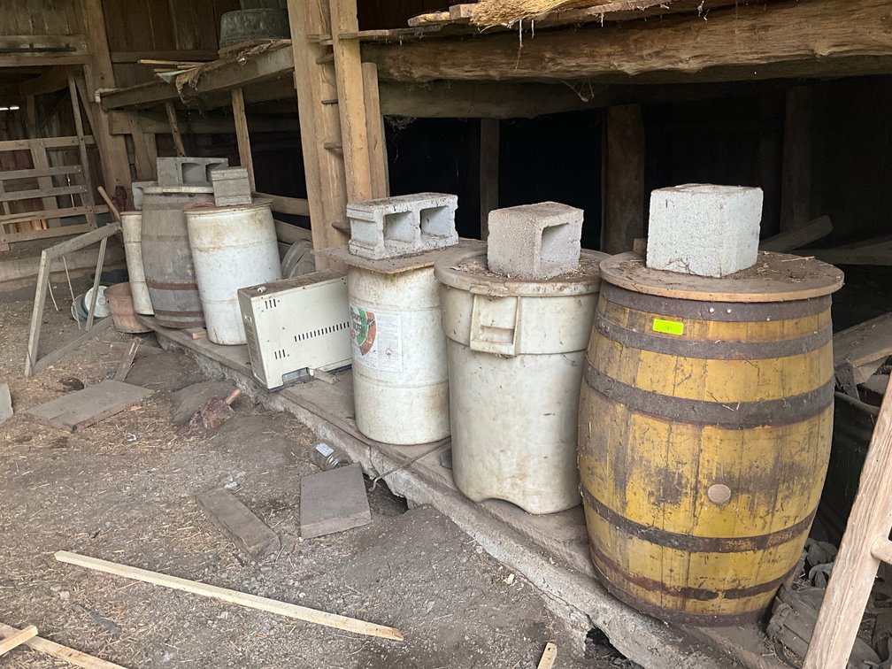 (2) Wooden Barrels and (4) Plastic Barrels