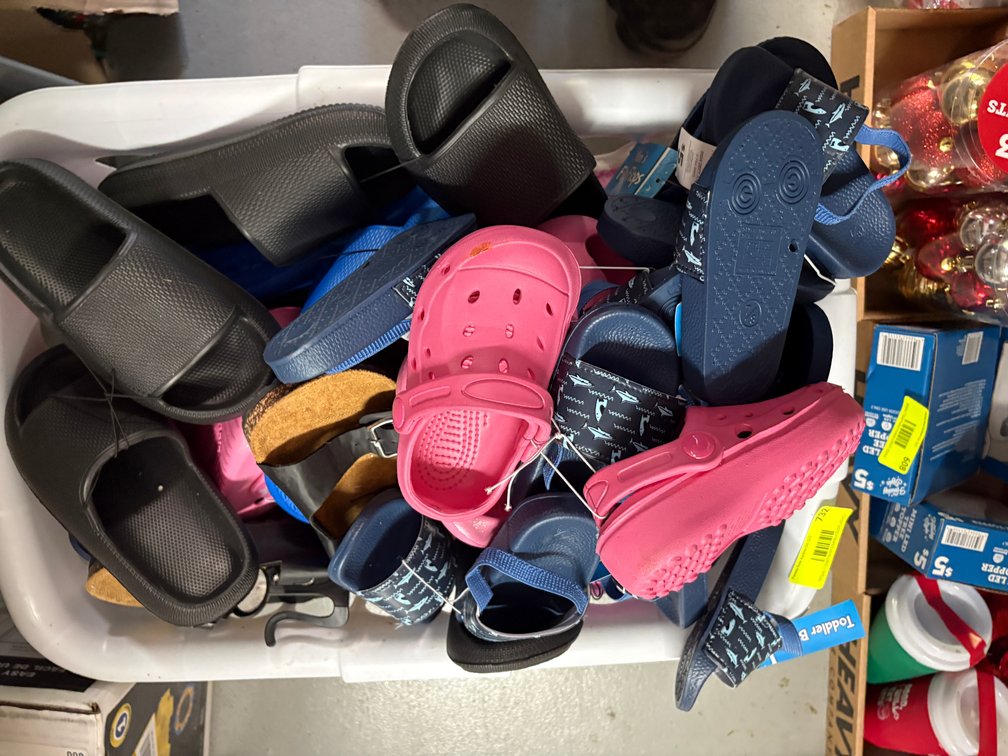 Sandals, Clogs, and Storage Tub