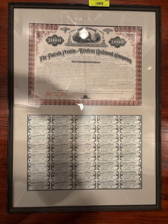 Zone 1-E- Framed Toledo Railroad Bond