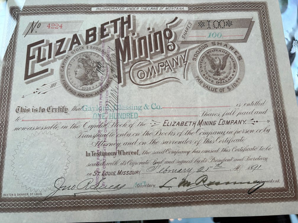 Zone 1-A- Elizabeth Mining Co Stock Certificate