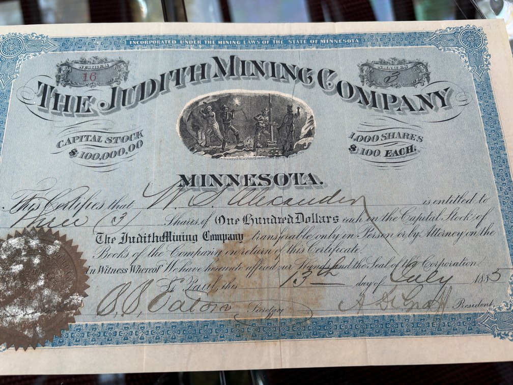 Zone 1-A- Judith Mining Co. Stock Certificate