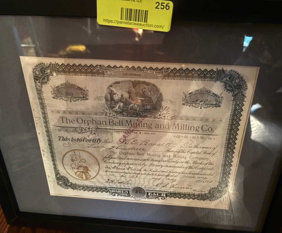 Zone 1-E- Framed Mining Stock Certificate