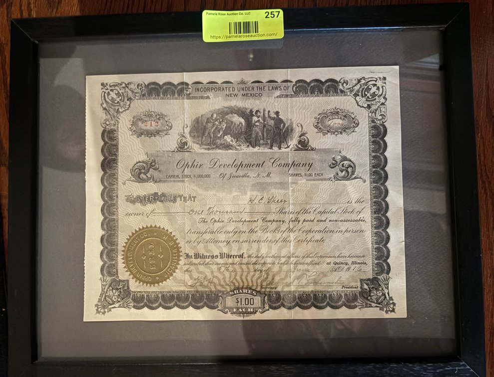 Zone 1-E- Framed 1916 Mining Stock Certificate