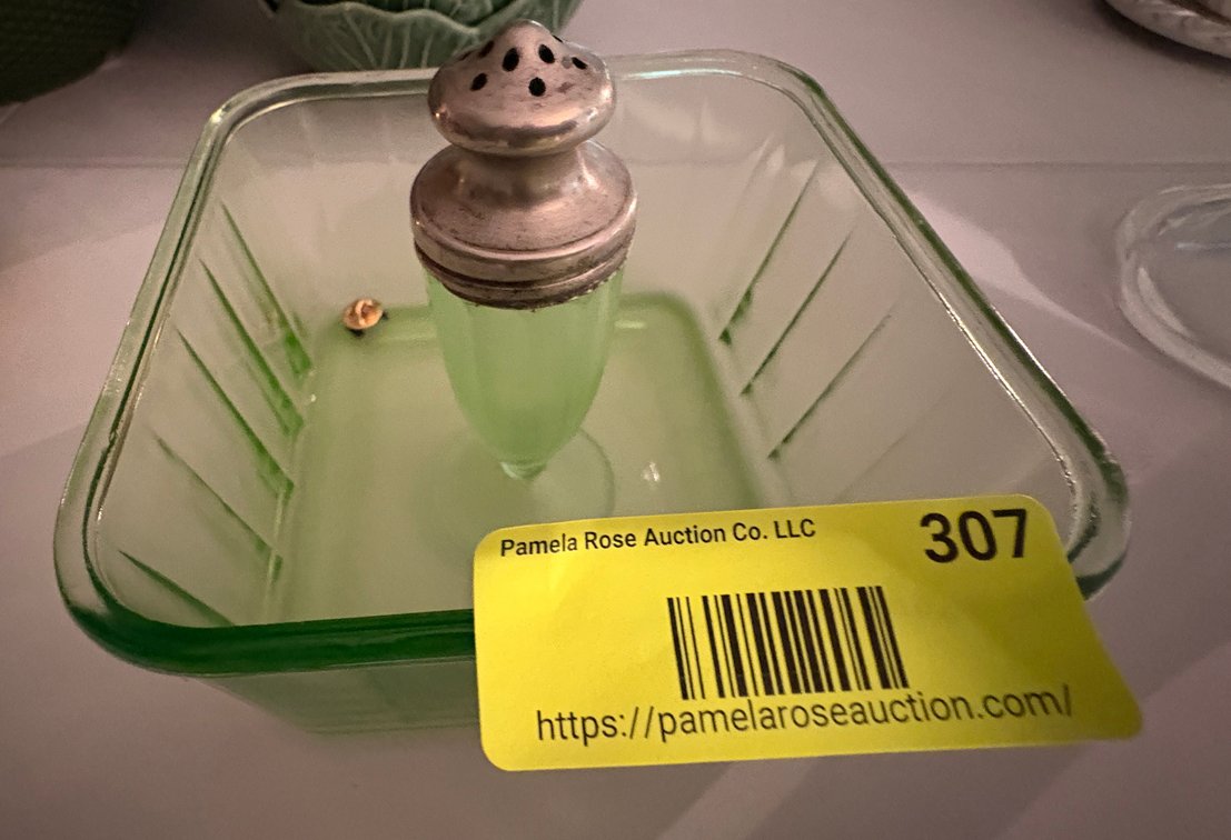 Zone 1-E- Depression Green Glass Dish and Shaker