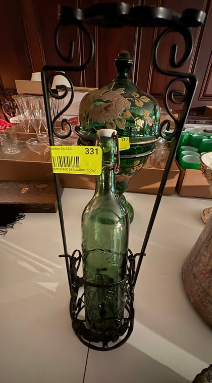 Zone 1-E- Green Glass Bottle in Metal Holder