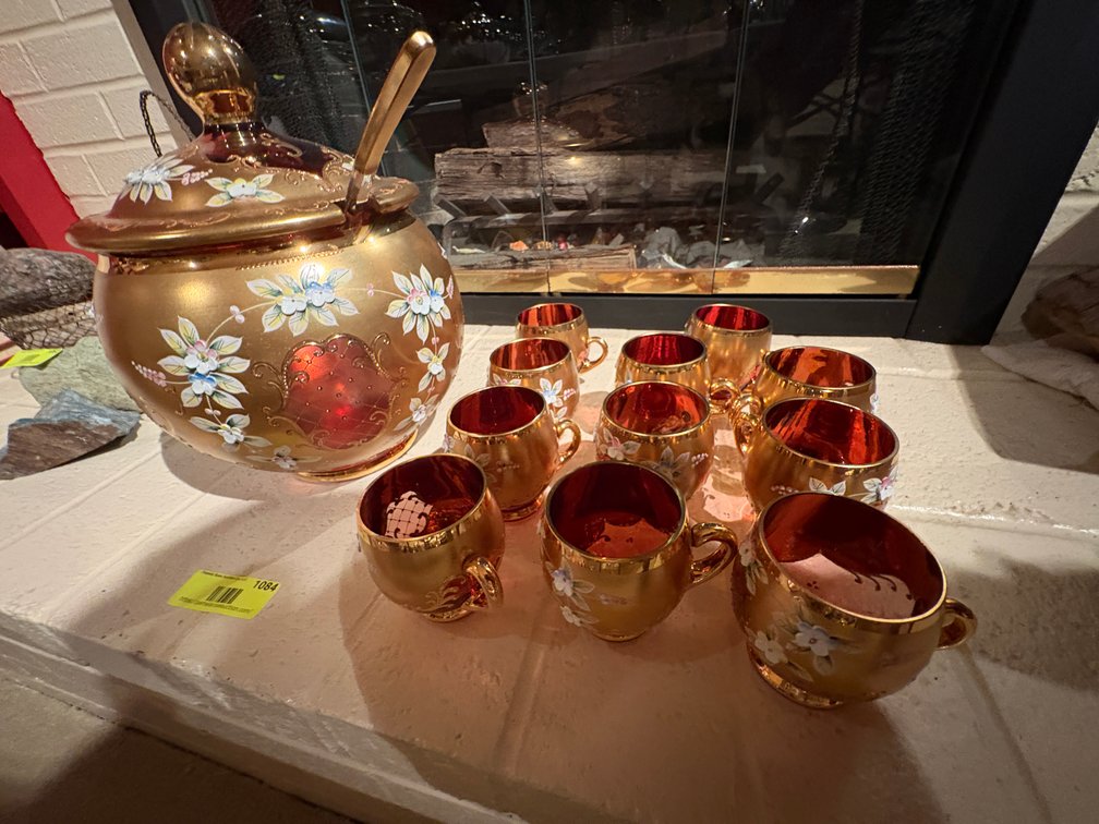 Zone 1-B- Cranberry Glass Punch Bowl Set