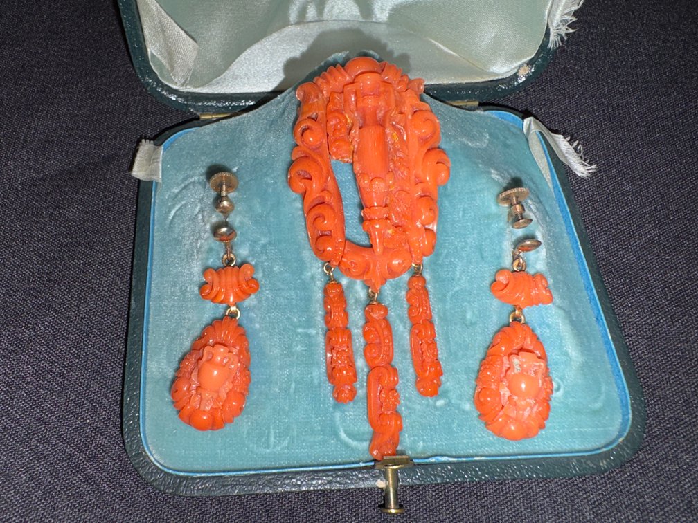 Zone 1-B- Carved Coral Brooch and Earrings
