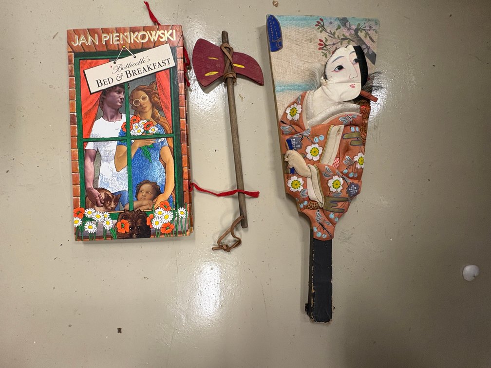 Zone 1-BB- op-Up Book, Hagoita, and Wood Tomahawk