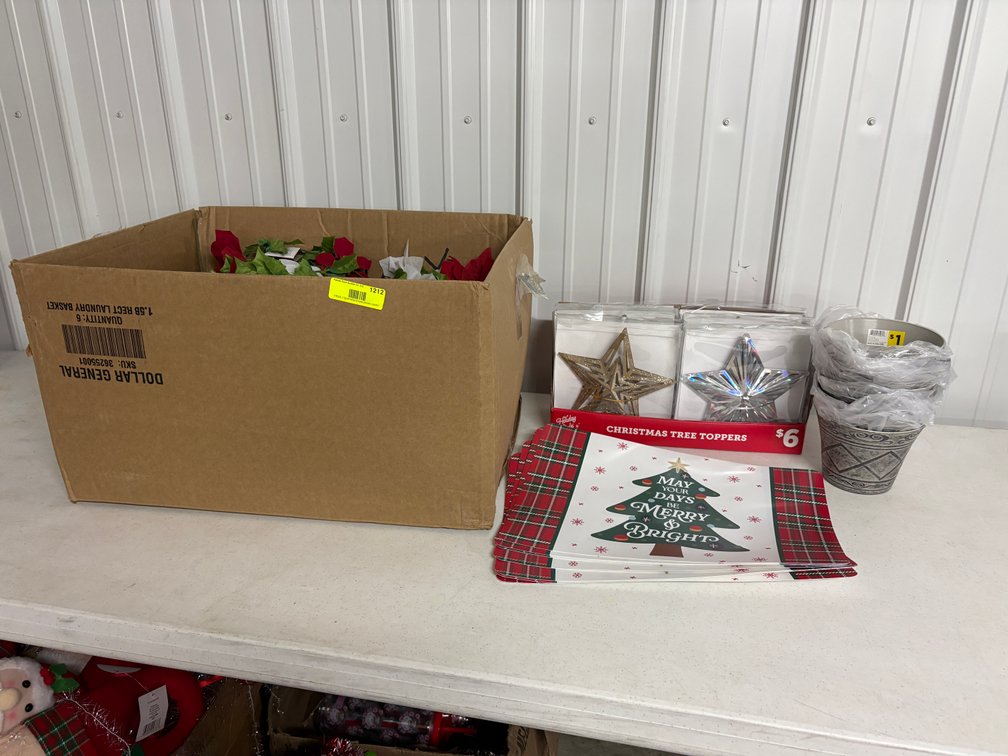 Placemats, Christmas Tree Toppers, Small Trash Cans, Faux Floral Arrangements
