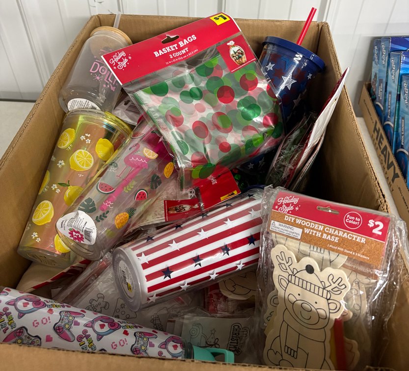 Assorted Plastic Tumblers & Christmas Decor Items