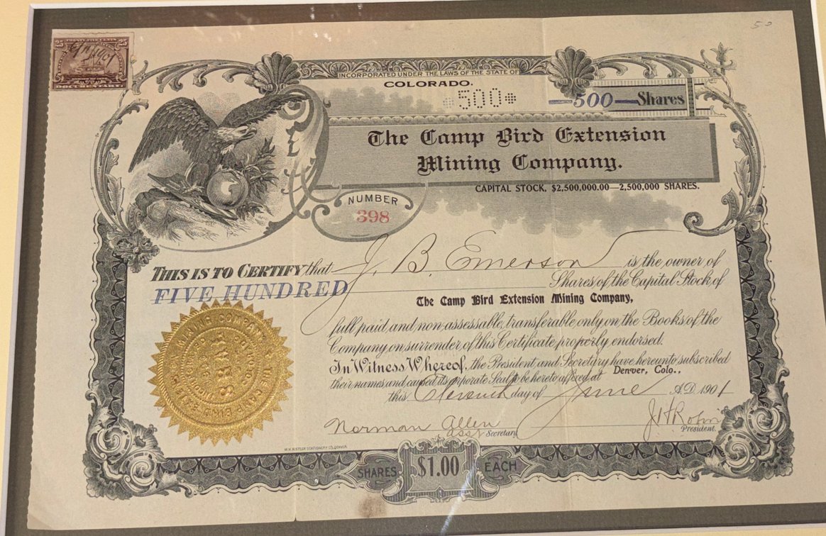 Zone 3-CG- Camp Bird Mining Stock Certificates