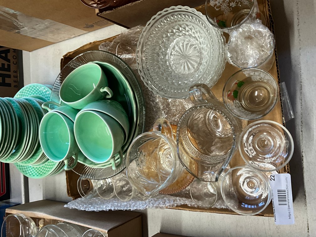 Assorted Glassware & Green Mugs & Plates