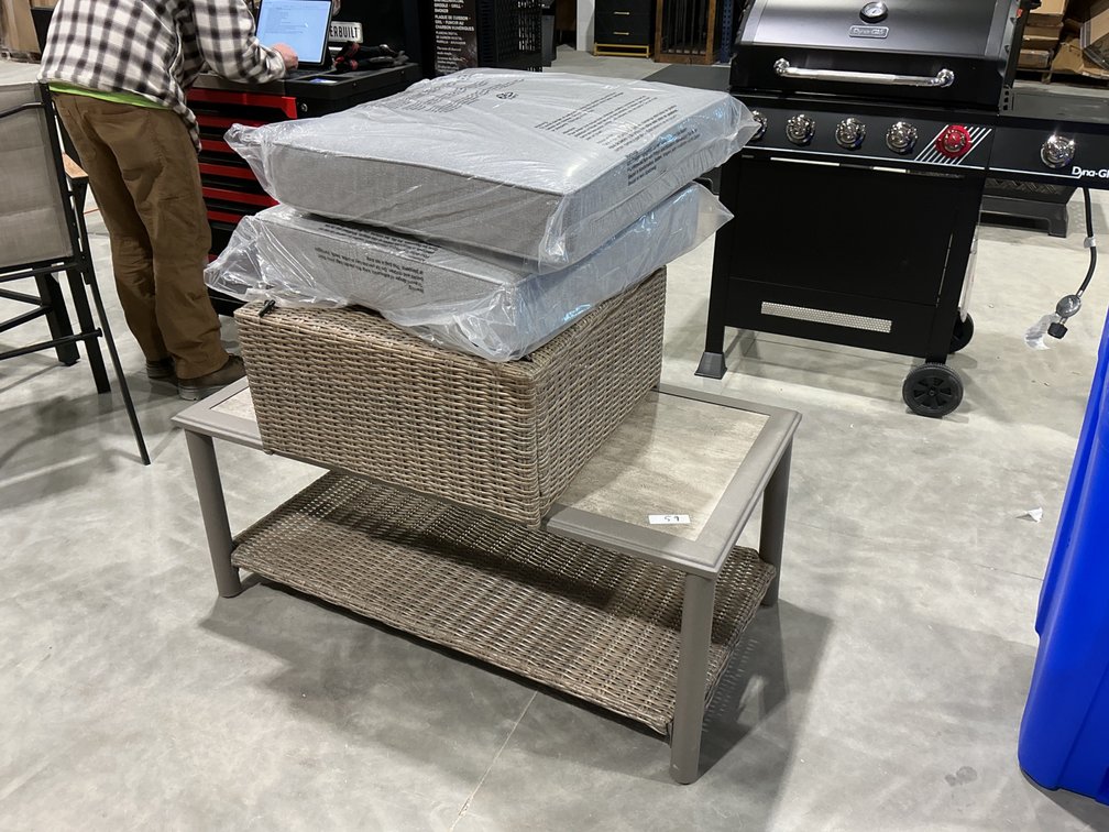 Outdoor Whicker Table & Ottoman & 2 Cushions