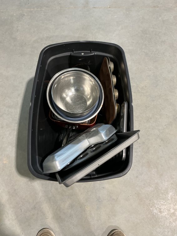 Tote of Kitchenware Pots and Pans