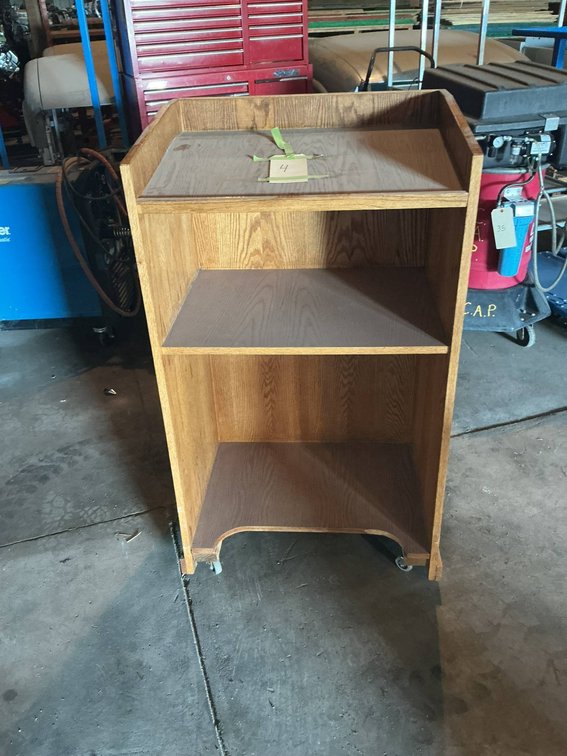 Wood Podium on Wheels With 47" Height and Storage Shelves