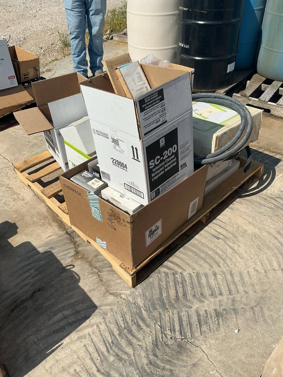 Pallet of Miscellaneous Engine Parts, Spark Plugs, AC Barrier Hose and Fittings