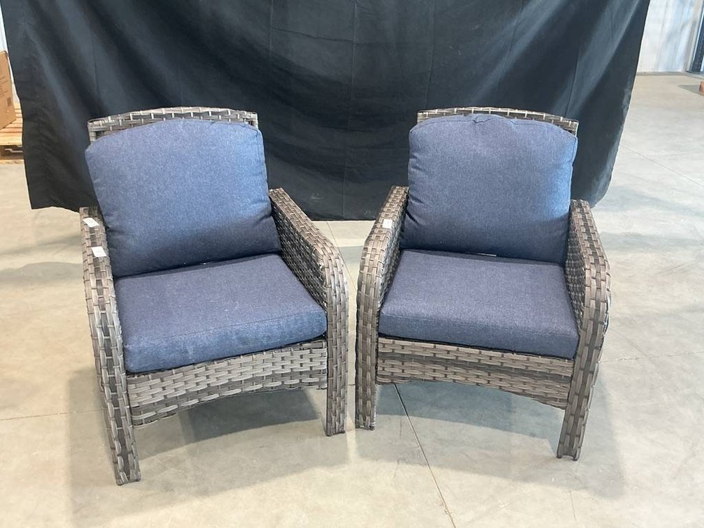 2 Grey Wicker Patio Chairs with Blue Cushions and Pillows