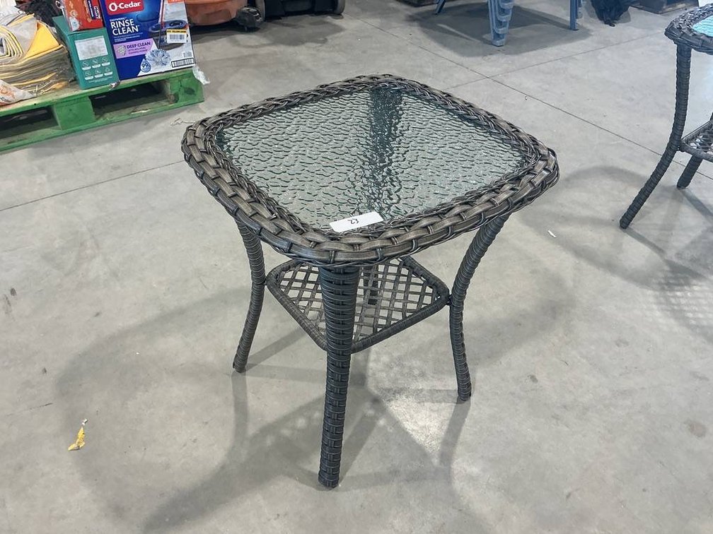 Outdoor Side Table With Wicker Frame and Glass Top