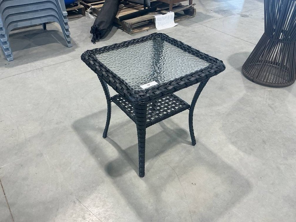 Outdoor Side Table with Glass Top and Black Wicker Frame