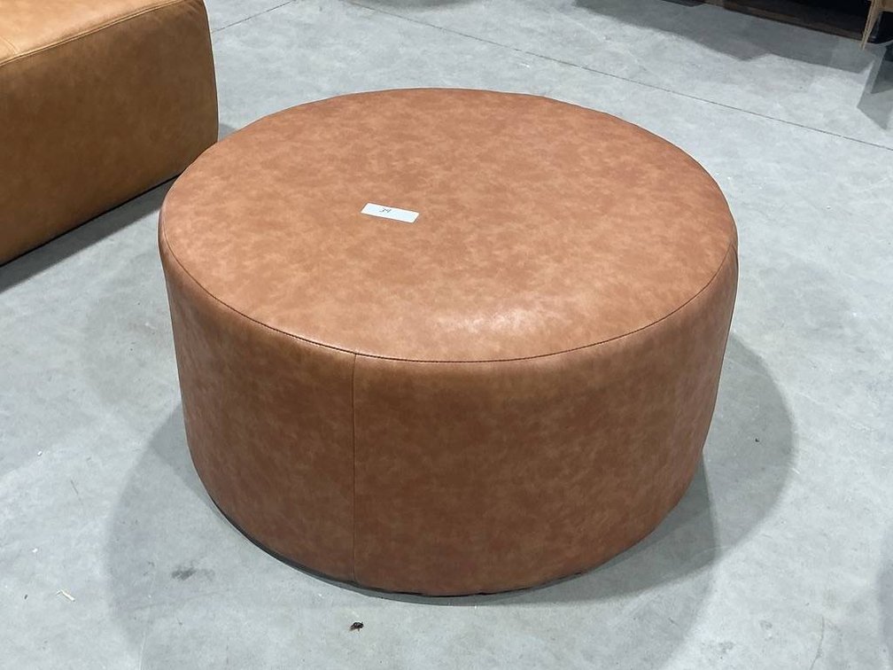 Brown Upholstered Faux Leather Round Accent Ottoman