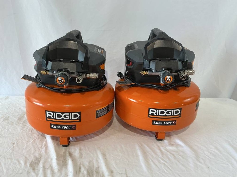 Ridgid 6-Gallon Air Compressors, One With Crack and Housing Leak, One With Weak Pump