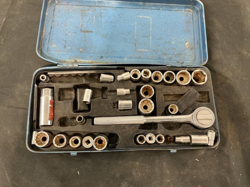 Blue Metal Box with Sockets and 3/8" Ratchet Wrench