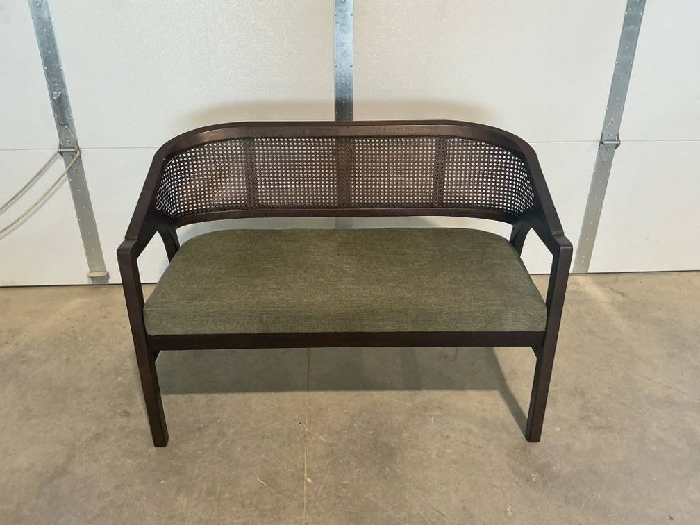 Wood-Framed Loveseat With Rattan Back