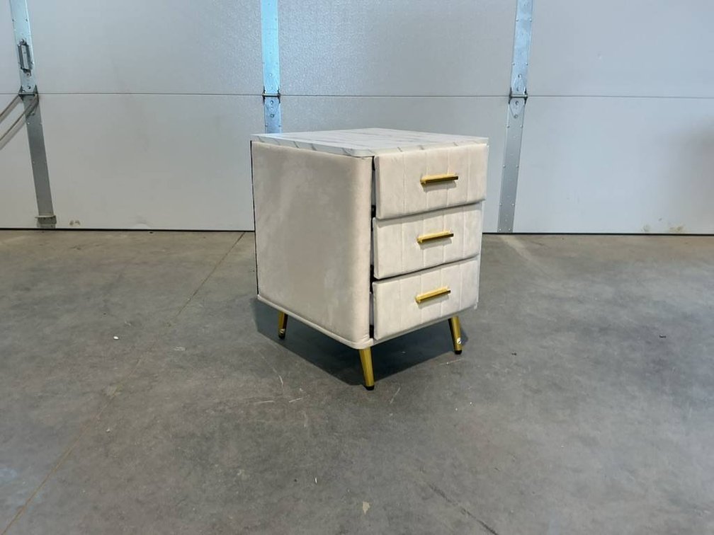 Felt Nightstand with Marble Top and Brass Handles