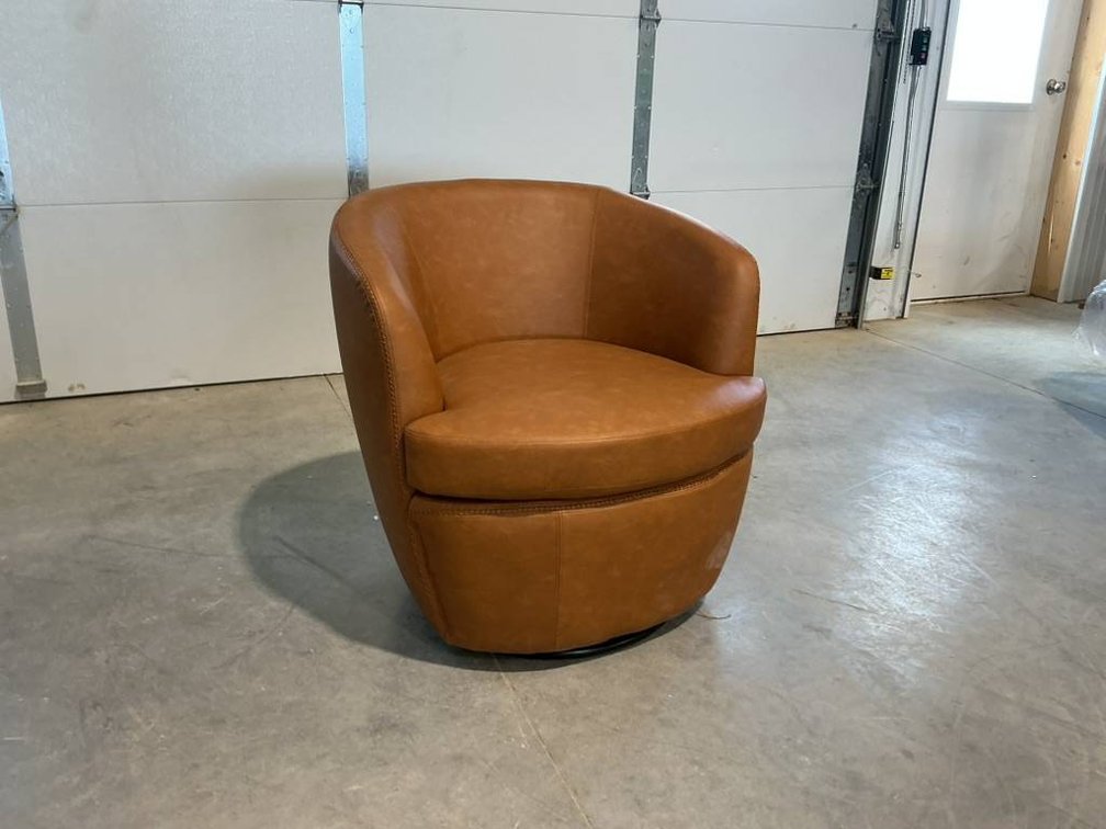 Brown Faux Leather Swivel Barrel Arm Chair