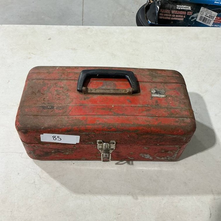 Red Portable Tool Box Containing Brass Fitting and Pipe Cutters