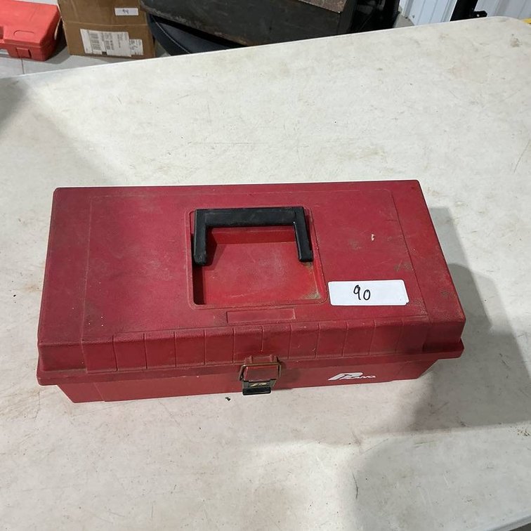 Red Plano Box Containing Truck Bed Hooks, Cable, Chain Hook