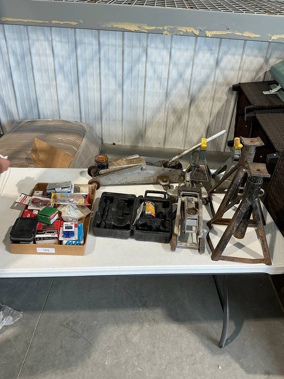 Lot of Wire Connectors, Screws, Staples, and Nails, 2- Floor Jacks, 4-Jack Stands, and 1- Bottle Jack