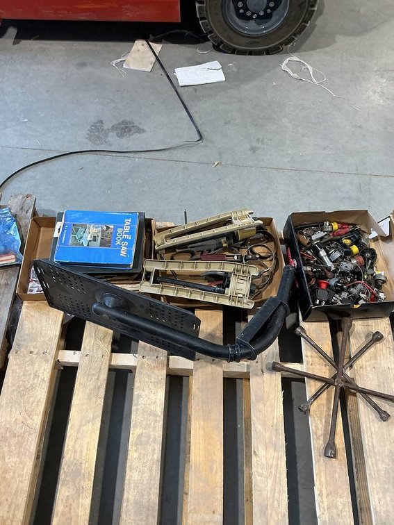 Lot of Tire Irons, Desk Laptop Stand, Mower Parts, Oil Filter Wrenches, and 2- Books