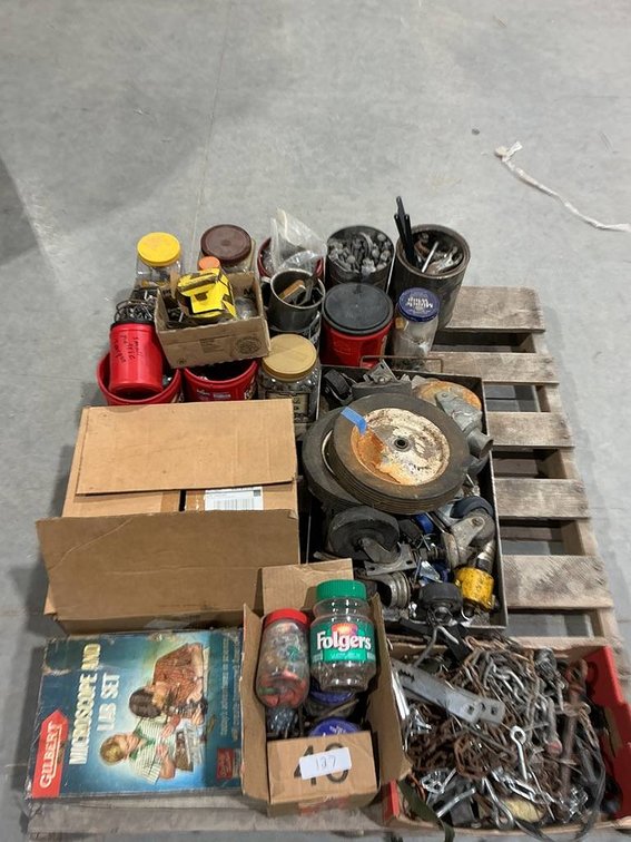 Pallet of Nuts and Bolts, Caster Wheels, Pins, Handsaw Blades, and more