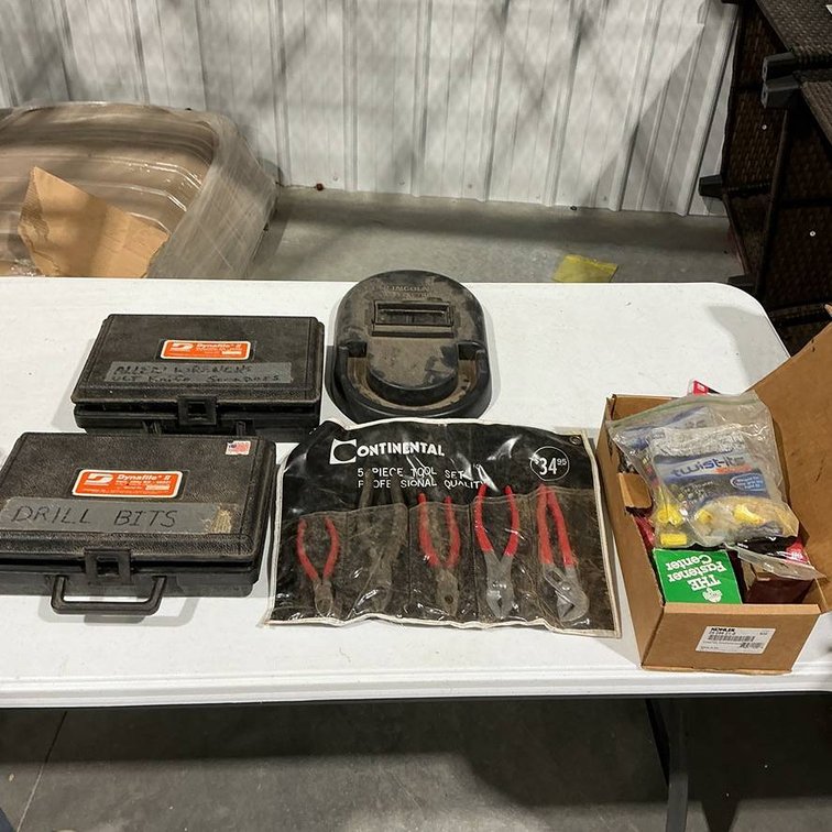 Lot Containing Hex Wrenches, Drill Bits, Pliers, Welding Face, and Electrical Supplies