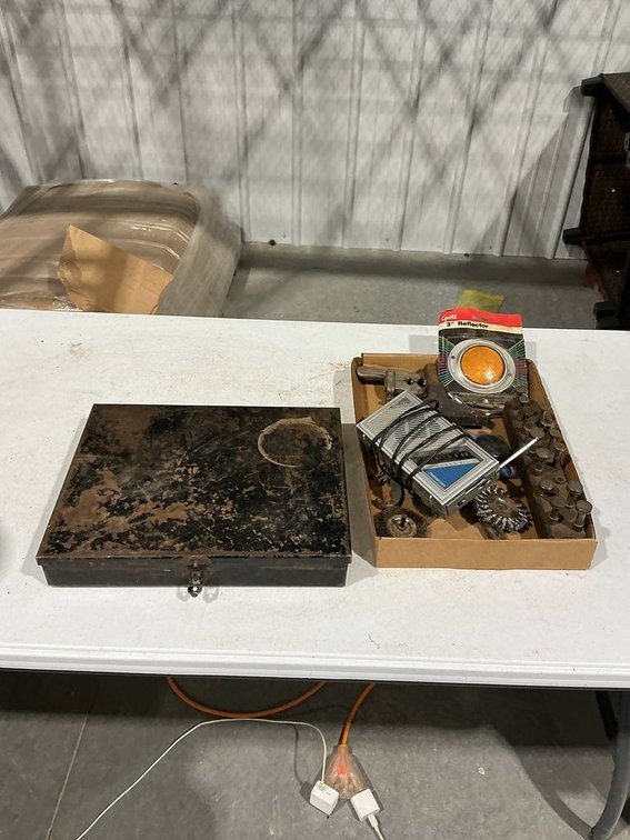 Valve Seam Reamer and Cutter Set, along with a box with a Reflector, Radio, Bearing Protectors, and Wire Wheels