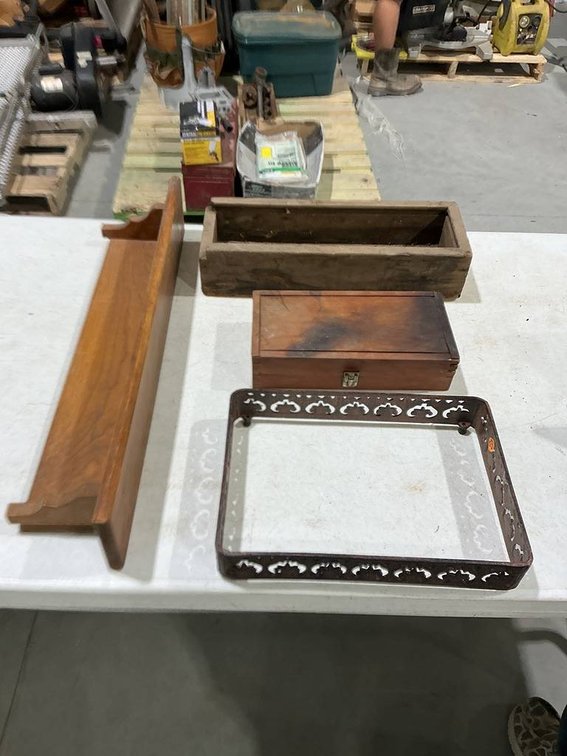 Small Storage Box, Shelve, Decorative Metal Caddy, and a Wooden Box