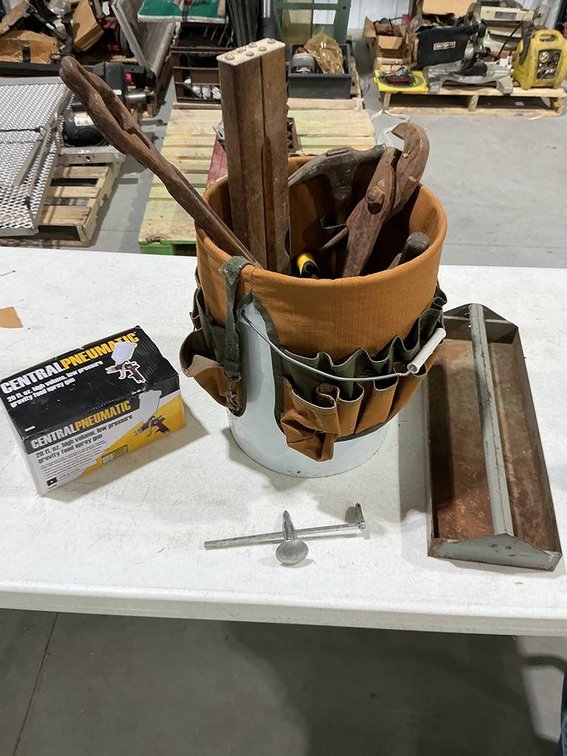 Bucket of Hammers, Wrenches, Central Pneumatic Paint Gun, BucketBoss 45 Bucket Tool Storage