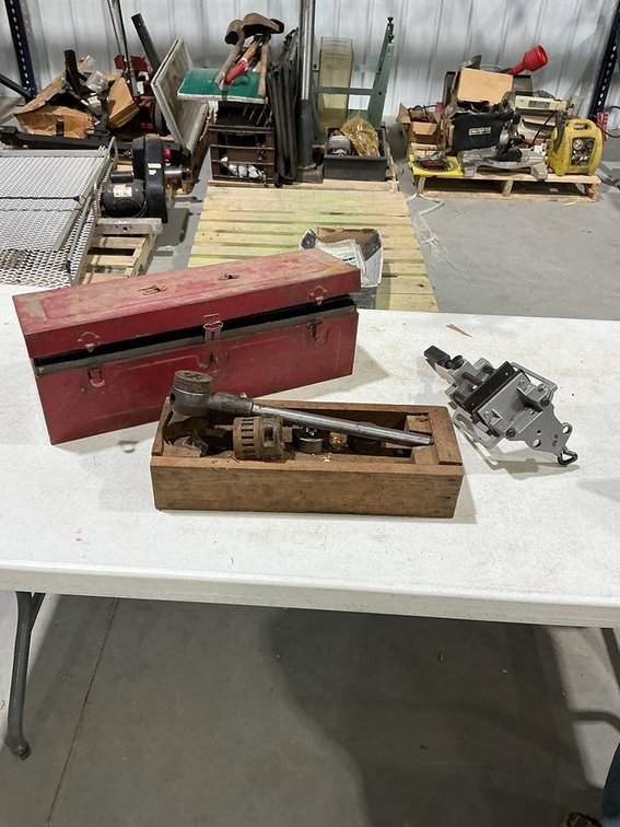 Red Tool Box Full of Nuts, Bolts, and Tap-N-Die Tools, Clamp, and a Pipe Threader Kit
