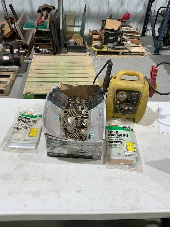 Box of 1-1/4" 11 Gauge Coil Nails, Battery Jump Kit, and a Storm Window Kit