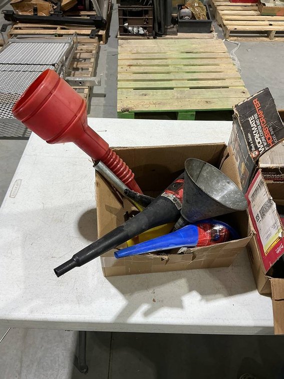 Box of Funnels, Black and Decker 8" Work Center and Vise, Micrometers, Welding Tip Cleaners, and a Bike Hoist