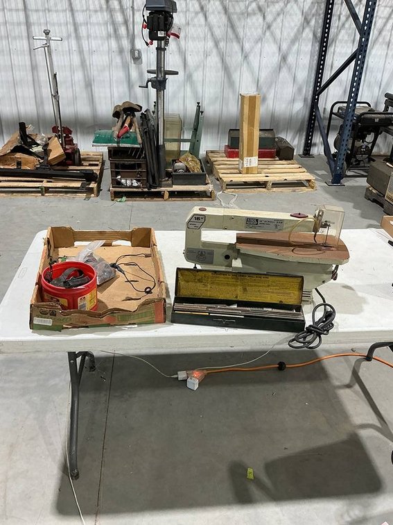 Tool Shop 16" Scroll Saw, Tub of Misc. Items, Honing Kit,