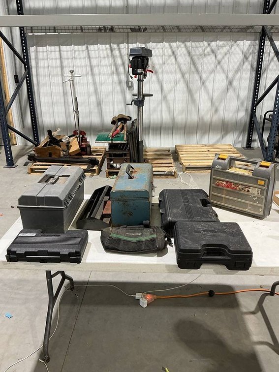 3- Empty Tool Containers, 1- Blue Metal Tool Box with Drawers, 1- Cracked Plastic Grey Empty Tool Box, 1- Nut and Bolt Organizer