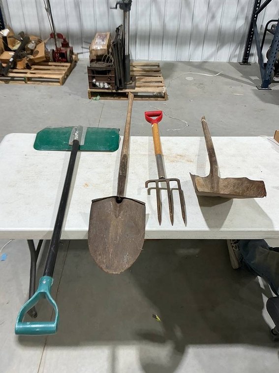 Spade Shovel, Pitch Fork, Snow Shovel, Transfer Shovel, and a Garden Rake