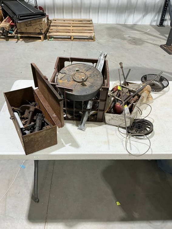 Lot Containing Hand Drills, Tool Box Full of Nuts and Bolts, Tray of Tools, Crate of Chains and Mower Parts