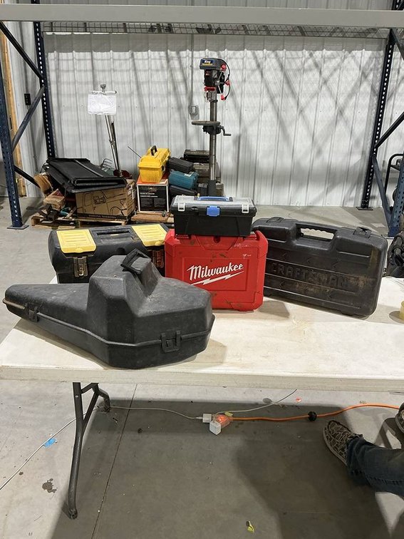 1- Empty Milwaukee Tool Case, 1- Empty Small Organizer Box, 1- Empty Craftsman Tool Case, 1- Empty Stanley Tool Box, 1- Empty Chainsaw Case