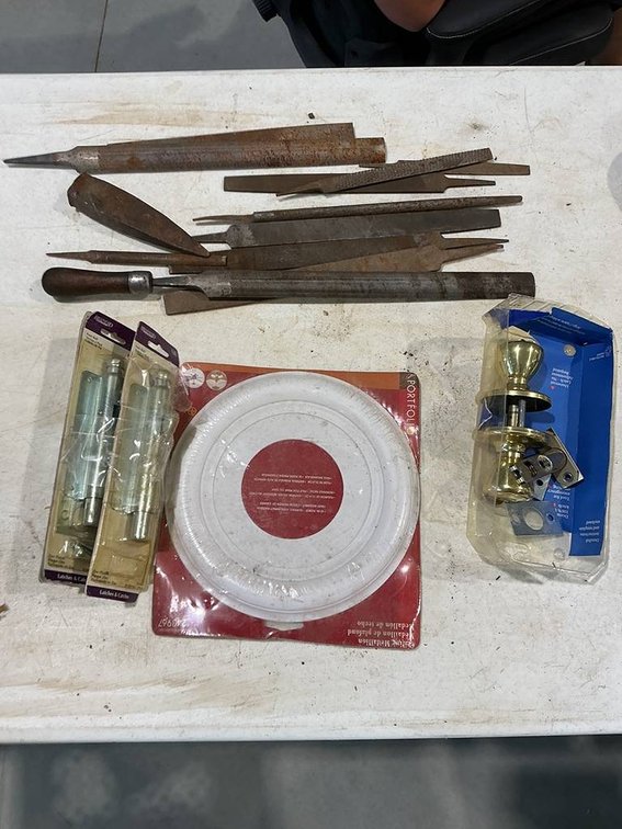 Lot Containing Door Knob, 10" Ceiling Medallion, 6" Foot Bolts, 10- Files, and a Wedge