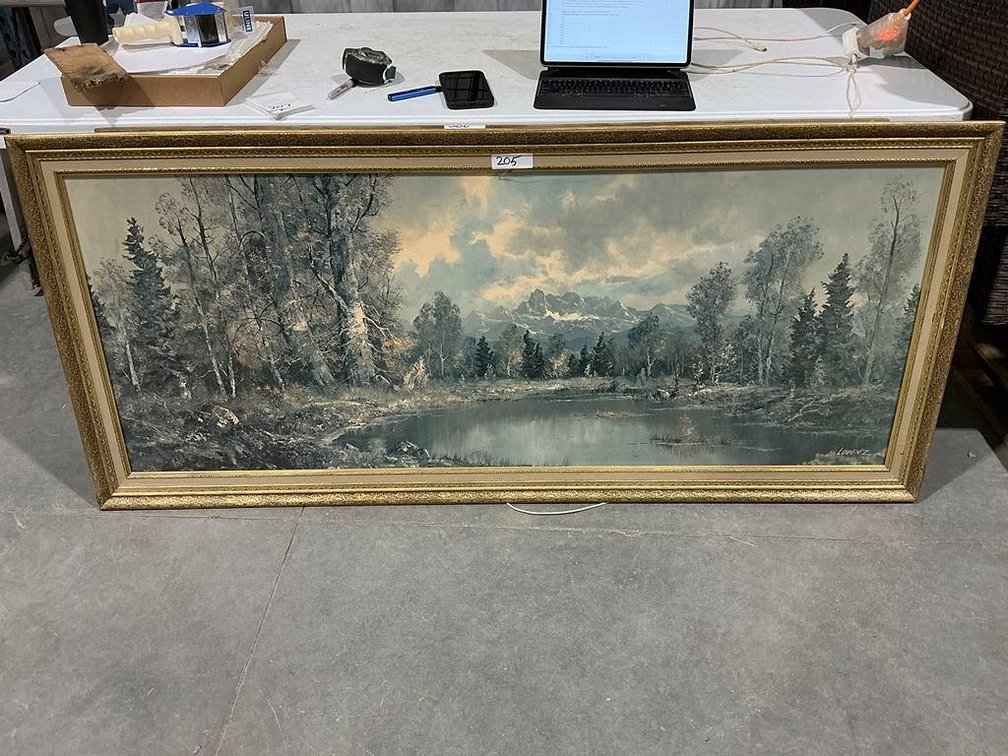 65"x29" Mountain Range Spring Painting in Brass/Wood Frame