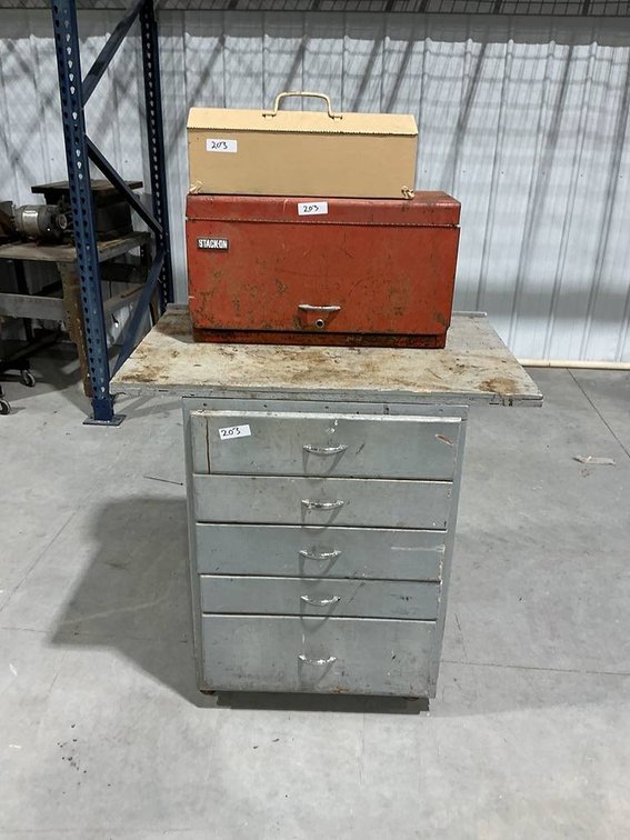 Rolling Work Table/Storage Chest of Drawers and 2- Tool Boxes
