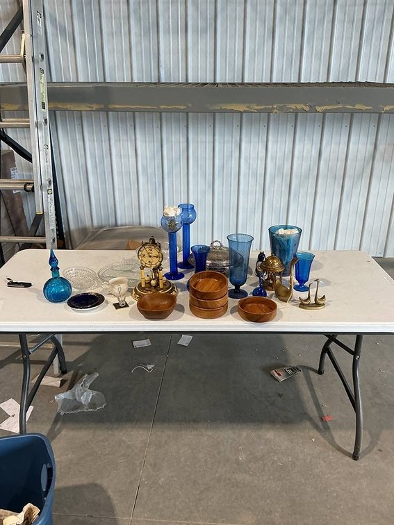 Box Containing Glass Vases, Glass China, Brass Clock Decor, Silver Plated Serving Tray, Glass Dishes